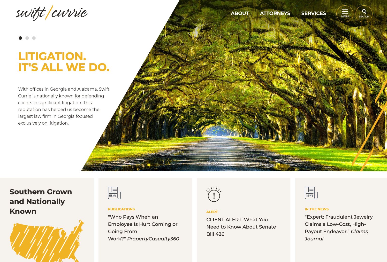 Swift Currie homepage design featuring modern bridge image, gold accents, and firm overview.