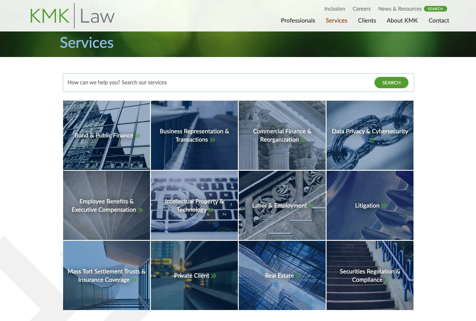 KMK Law services overview page displaying practice area tiles with clean grid layout and subtle geometric background patterns.