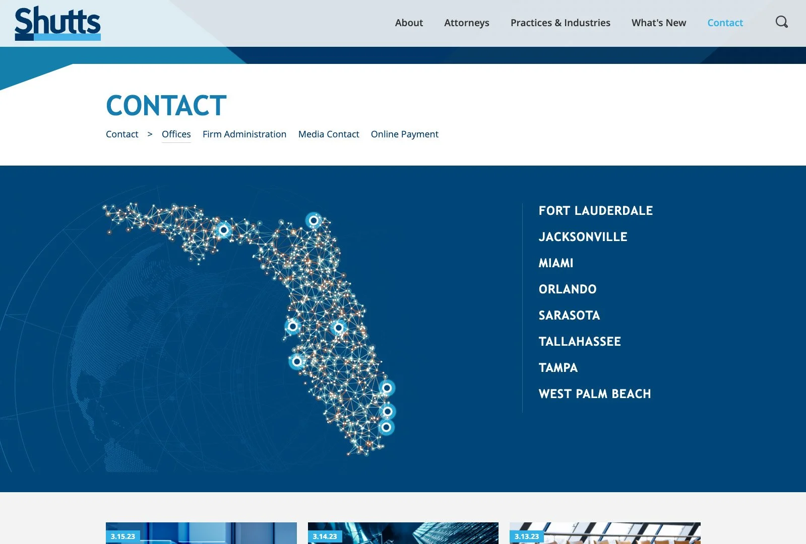 Shutts & Bowen contact page with Florida map and office locations.