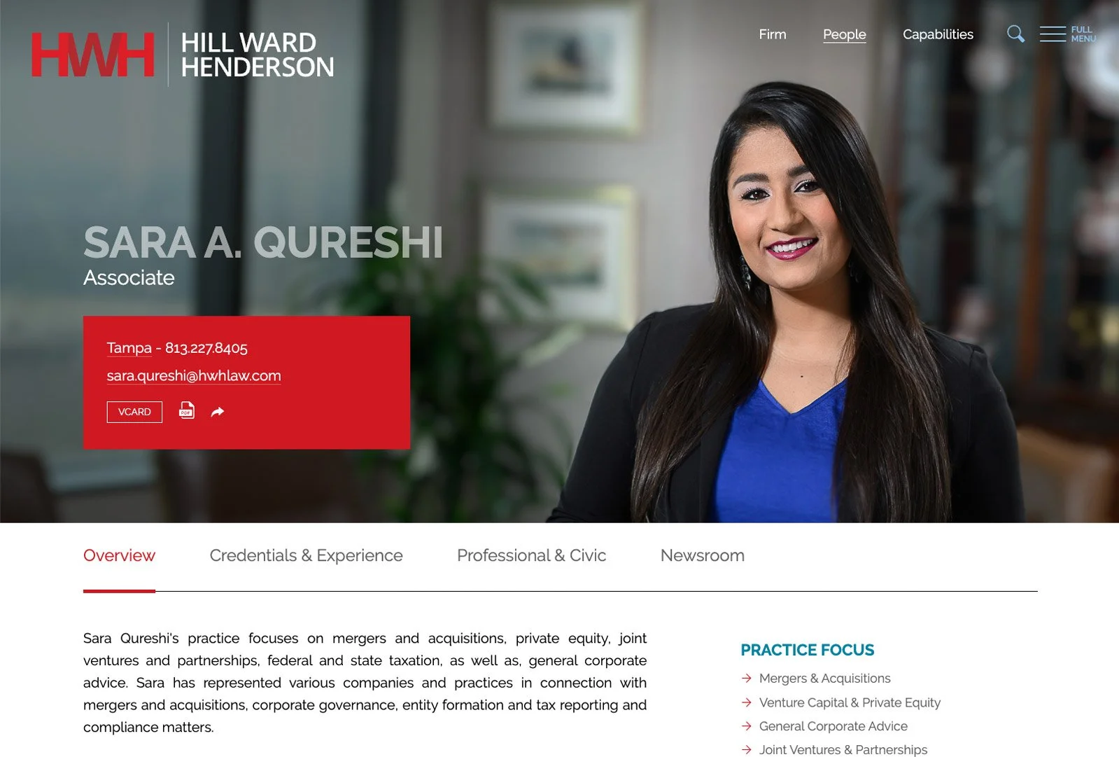 Hill Ward Henderson attorney profile page featuring Sara A. Qureshi with contact information and practice areas.