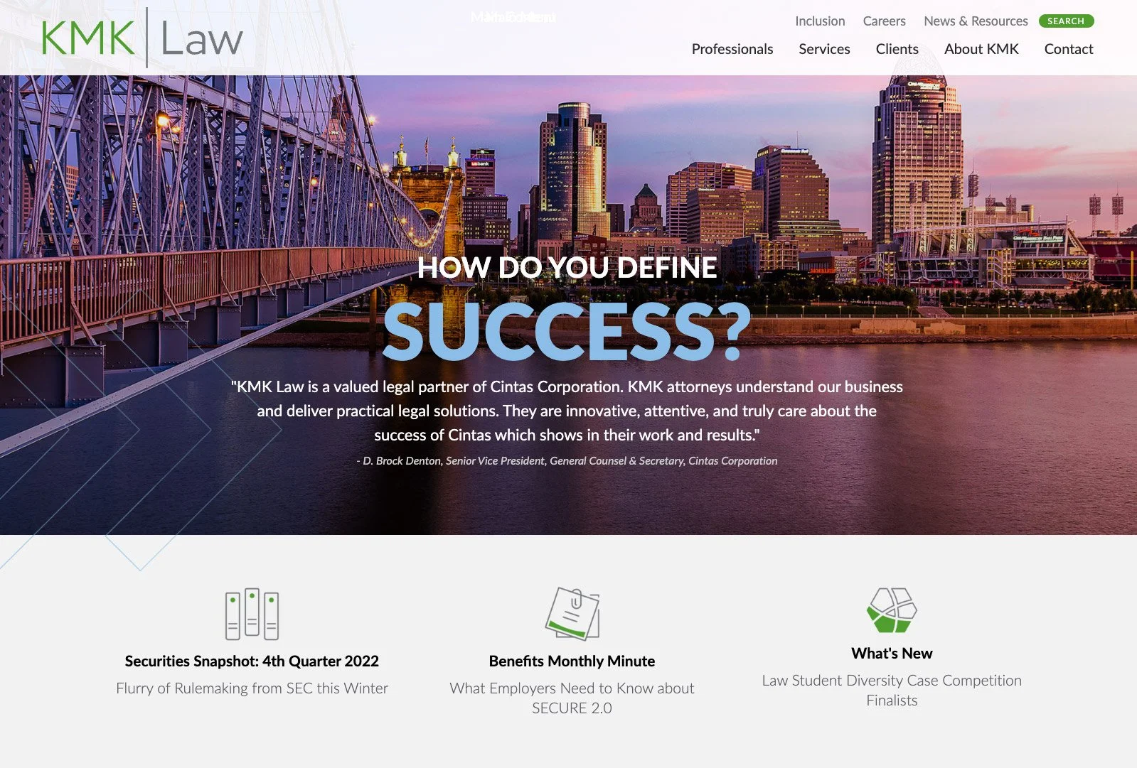 KMK Law homepage featuring dynamic header image of downtown Cincinnati, tagline “How do you define success?”, and clean navigation highlighting firm services and insights.