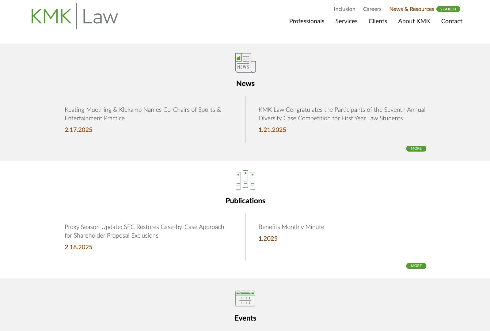 KMK Law news and insights section highlighting featured articles with custom iconography for quick navigation and visual engagement.