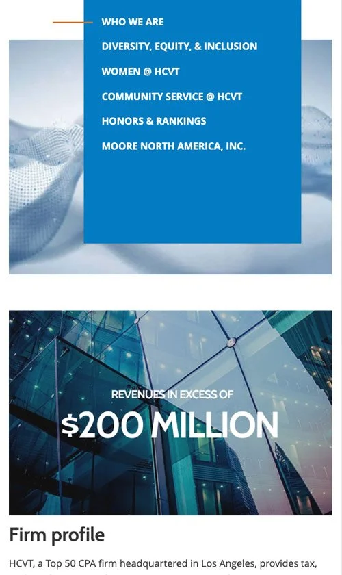Mobile view of HCVT firm overview page featuring company sections and revenue highlight graphic.