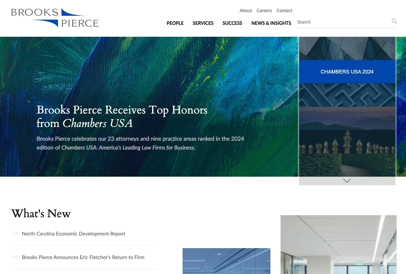 Brooks Pierce homepage featuring an interactive scrolling banner highlighting firm news, attorney updates, and practices.