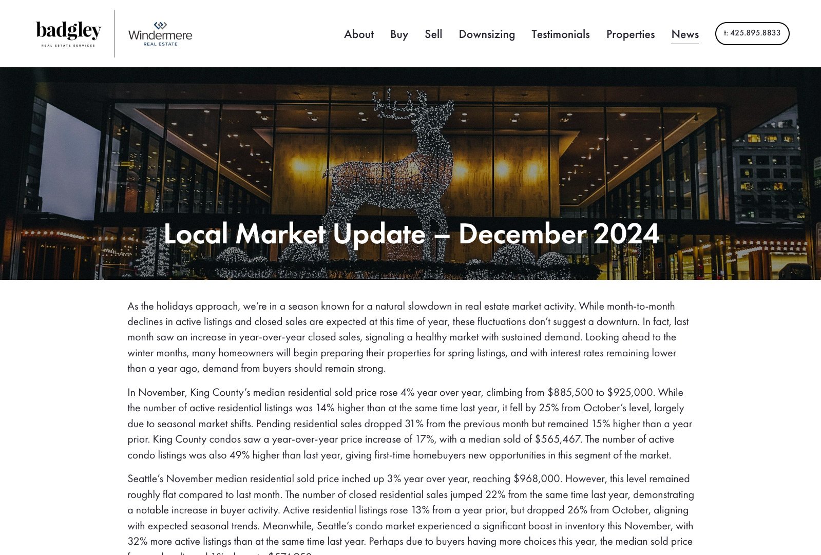 Screenshot of Badgley Homes website local market update article page with December 2024 report.