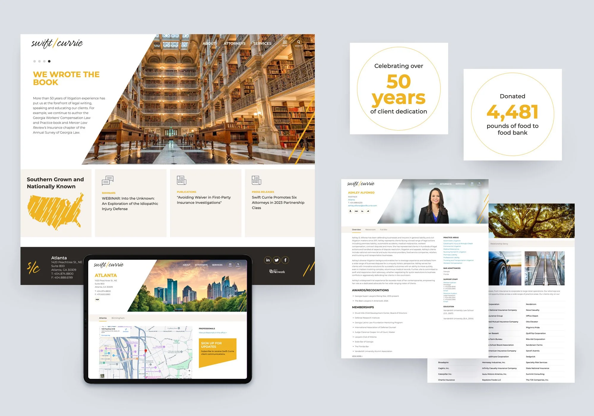 Swift Currie law firm website design shown across desktop and tablet, featuring a warm, modern layout with gold accents, homepage hero, insights and news section, attorney profile, and office location page.