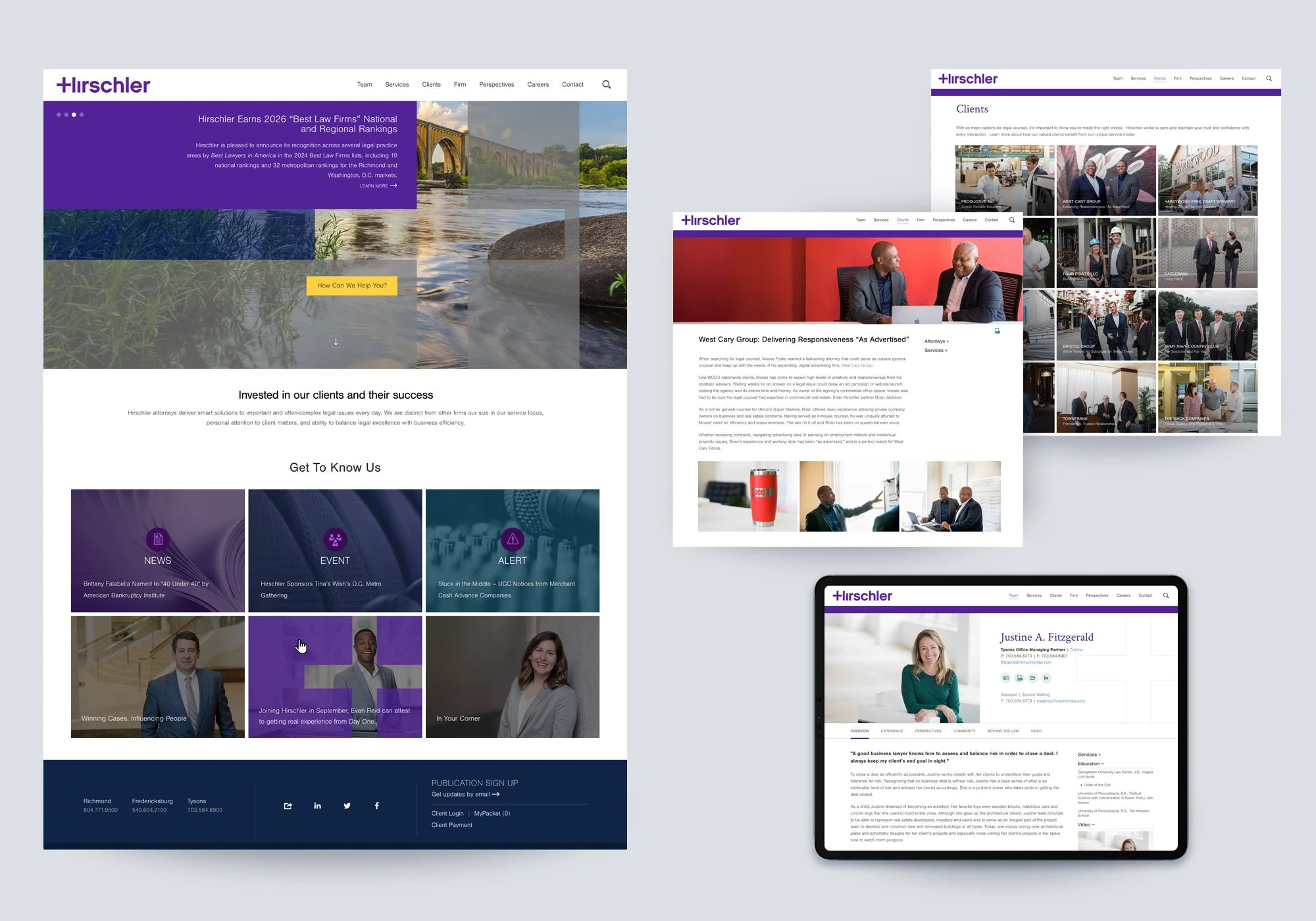 Hirschler law firm website design shown across desktop and tablet, featuring a purple-accented layout, homepage hero, client stories, news and insights grid, and attorney profile page.