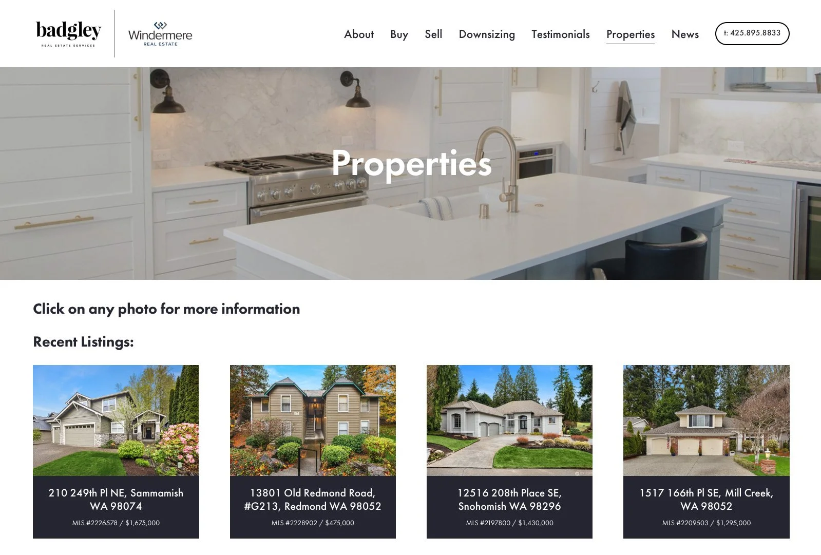 Screenshot of Badgley Homes website properties page showing recent property listings grid.
