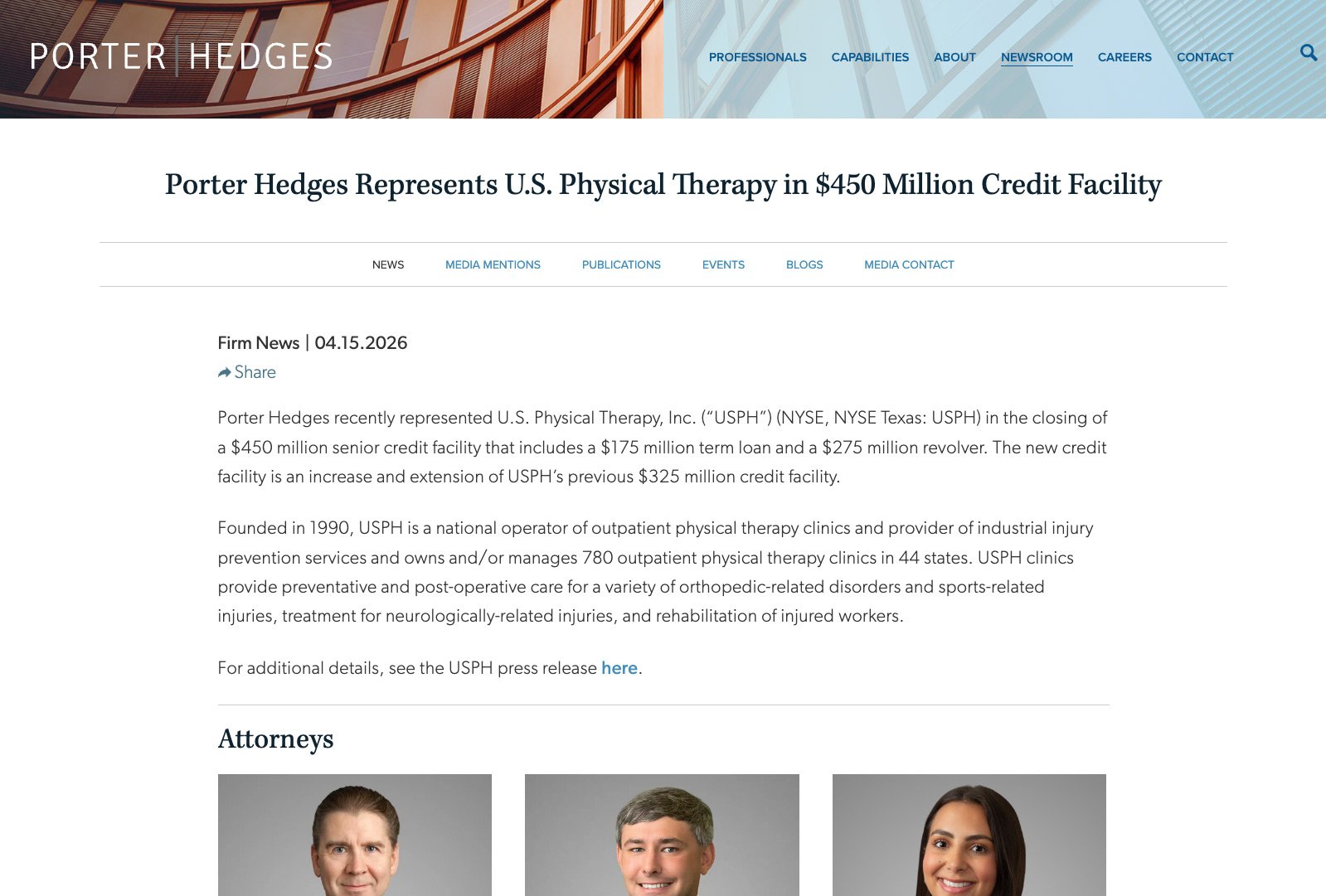 Porter Hedges news article announcing leadership transitions with attorney portraits.