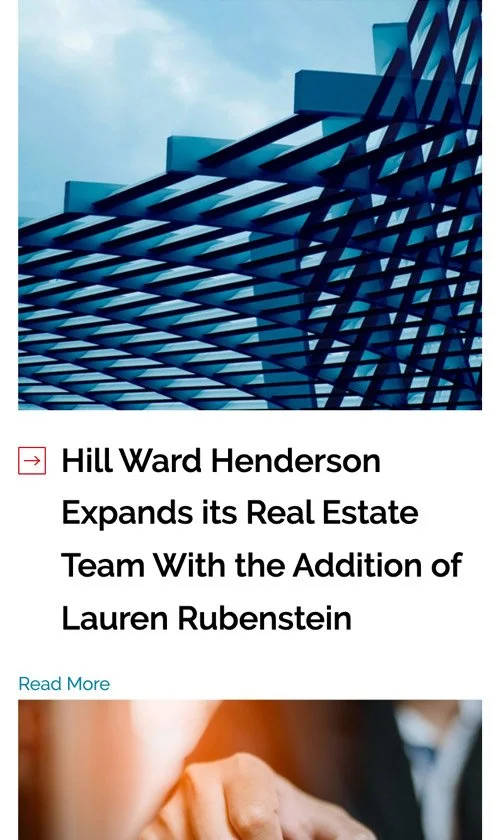 Hill Ward Henderson mobile news post announcing addition of Lauren Rubenstein to the Real Estate team.