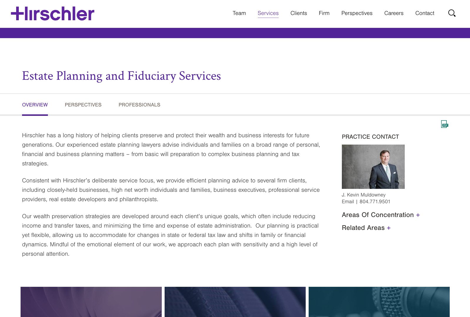 Hirschler service page for Estate Planning & Fiduciary Services with overview and related links.