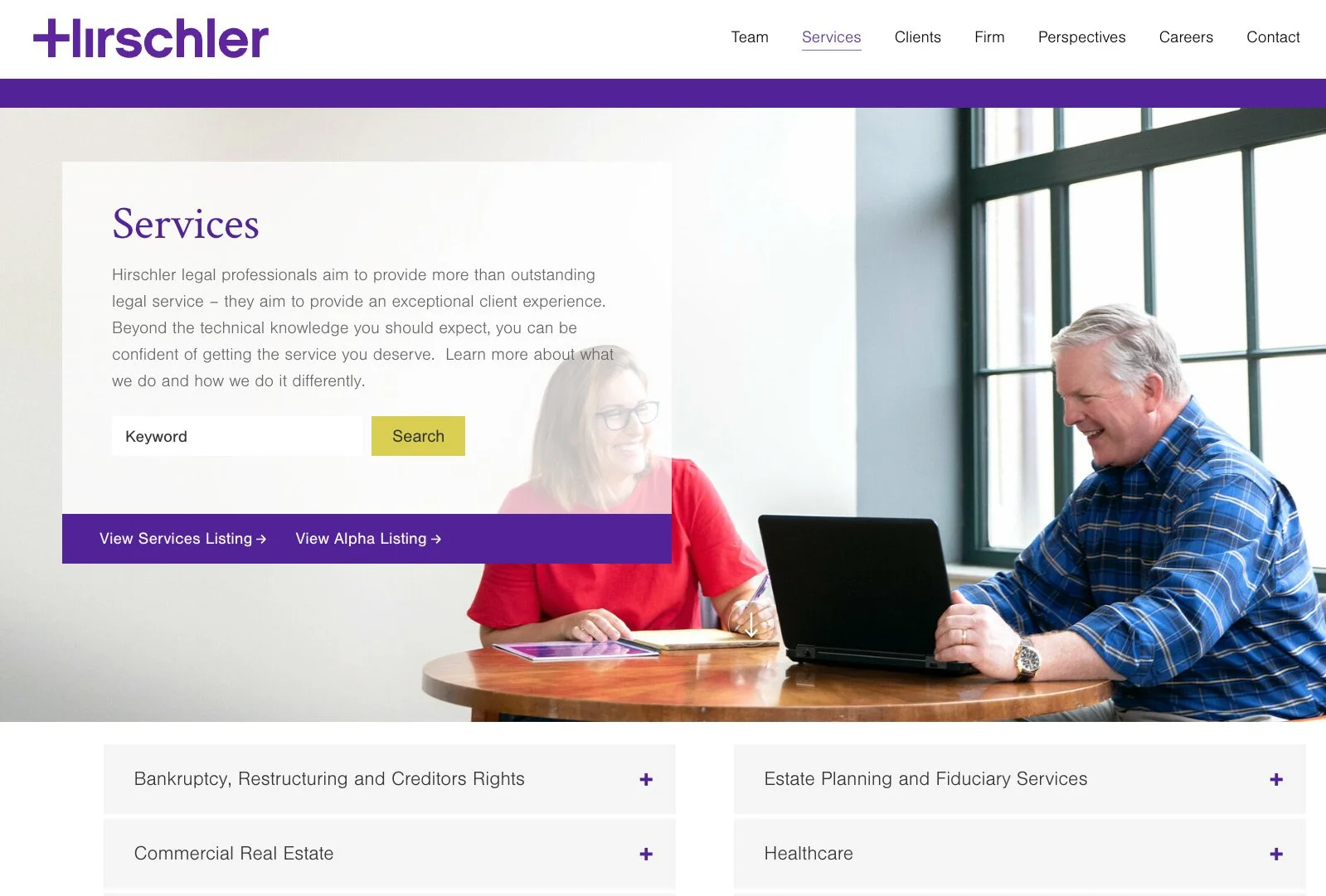 Hirschler services page featuring modular content blocks and brand-accented calls to action.