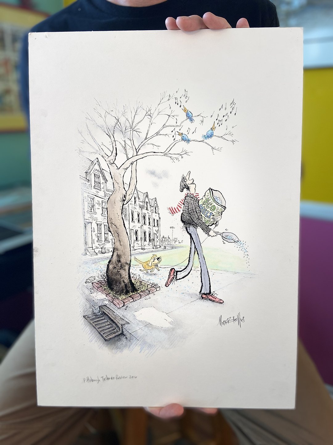 Birds burst into song as eco-friendly salt saves the day. A snowy sidewalk scene with charm, quirk, and subtle satire from Mark Brewer.