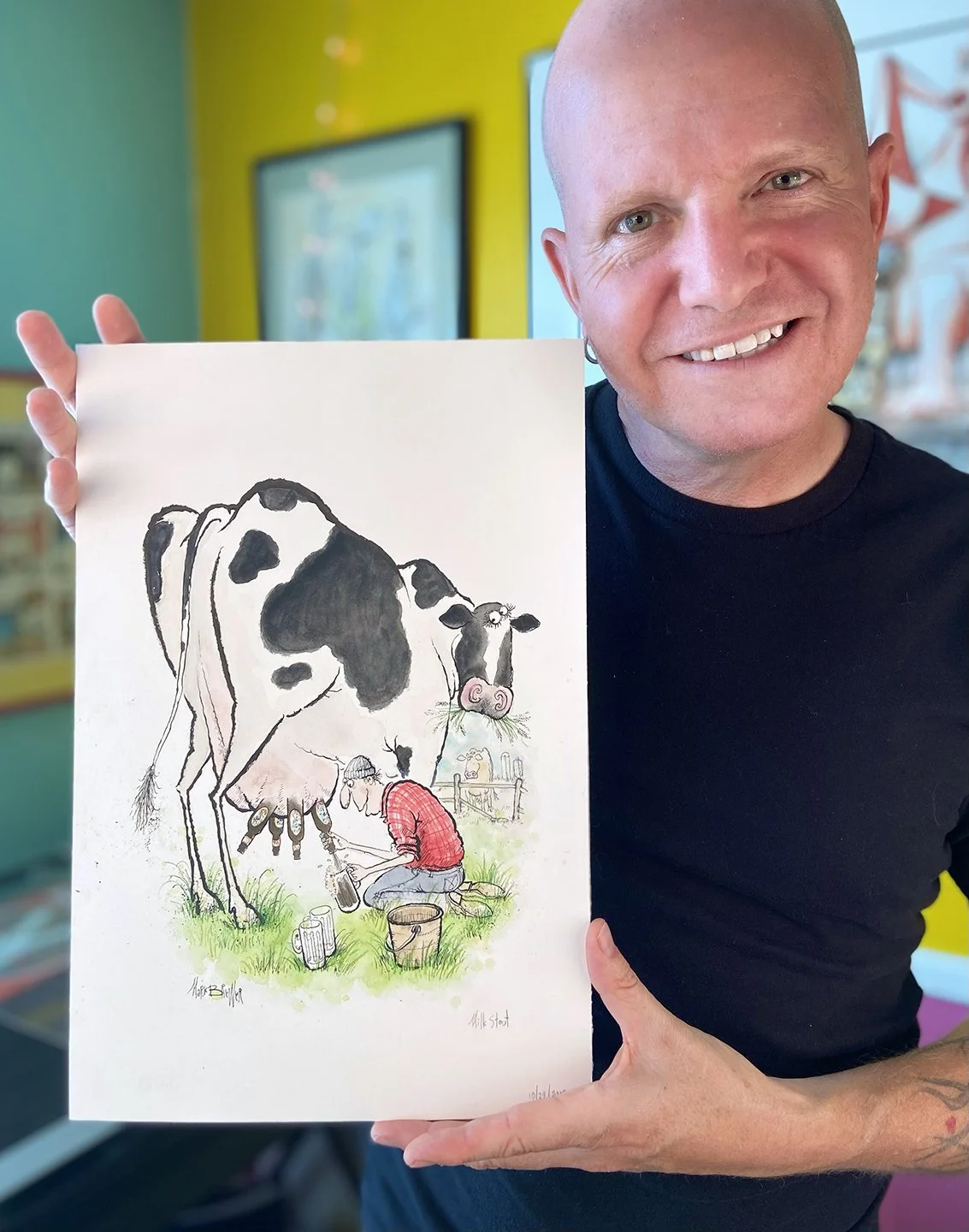Comedic beer-themed illustration of milk stout origins, featured in Mark Brewer’s Brewology series of original illustrated definitions.