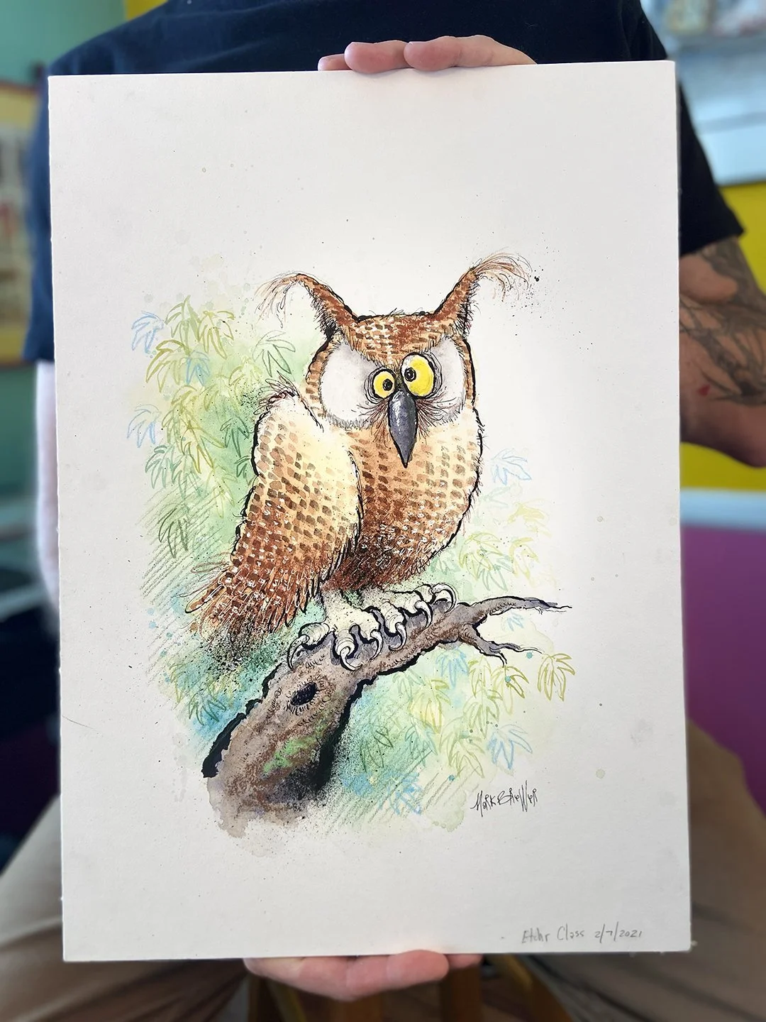 A wide-eyed owl perched with personality. This expressive bird illustration captures the spirit of the forest with Brewer’s inky charm.