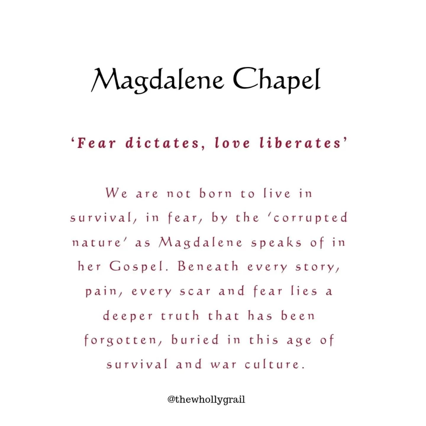 Magdalene Chapel 

Join us tomorrow evening 

🔥🌹🔥

8pm Online 

Retreat within 
Return to source within 
Renew your sense of truth 
Remember your True Nature 

Dm for access 

Le gr&aacute;, 
Melanie