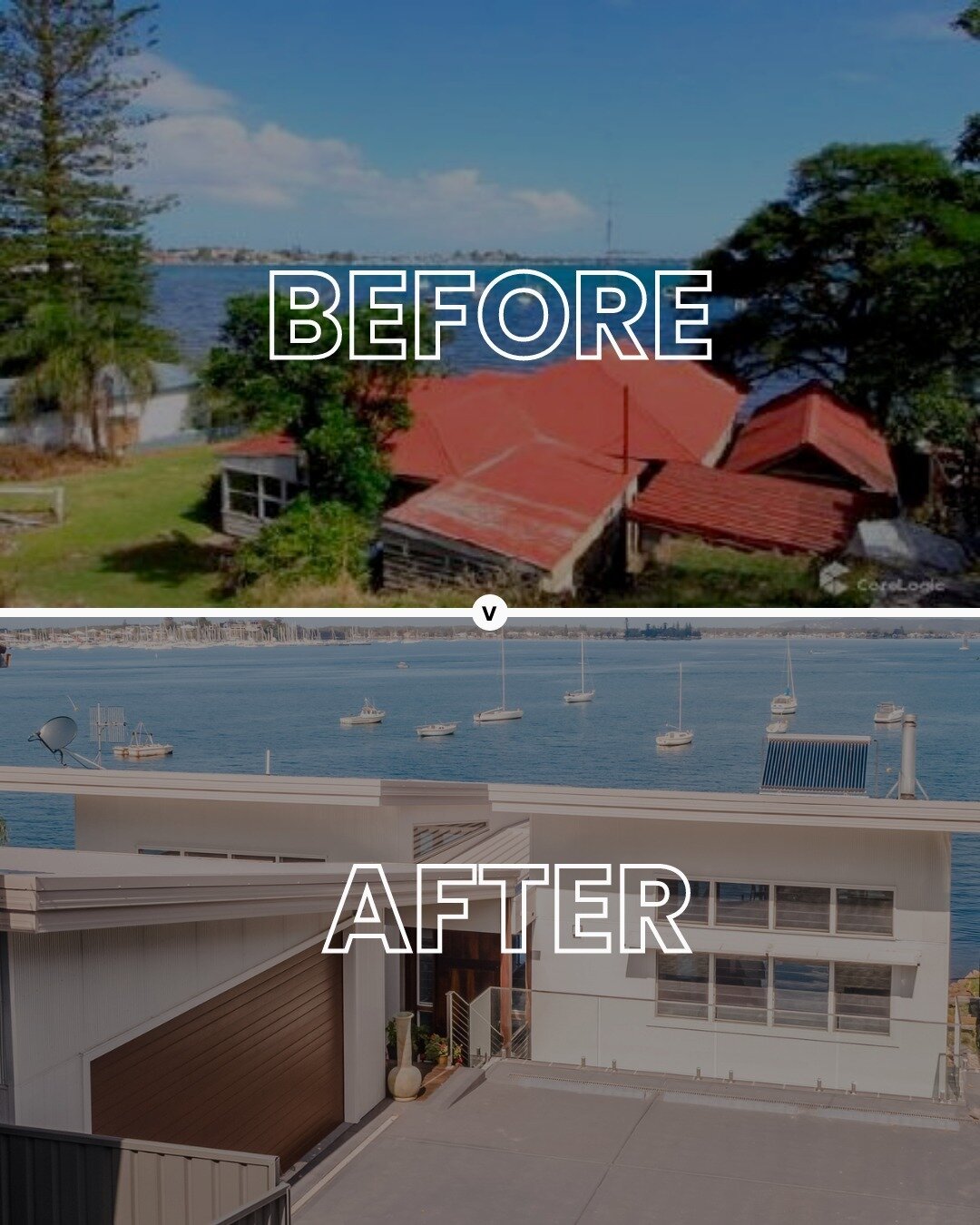 Features and angles done right 🙌 

Check out our Ross Street Build&rsquo;s amazing before and after transformation. It comes with breathtaking views of Lake Macquarie. Located right on the water's edge, this stunning residence was built with utmost 