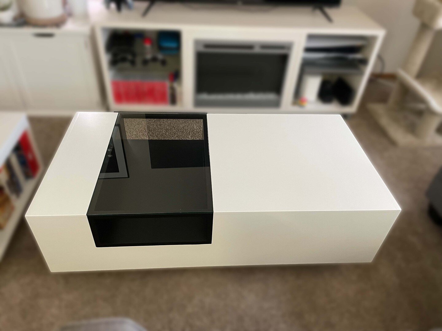 Latest commission complete! 

First piece where the client asked to duplicate an existing piece, just with better materials. 

Modern coffee table in white with open ended shadow box in black. 

Hard maple, baltic birch plywood, and glass. 

#furnitu