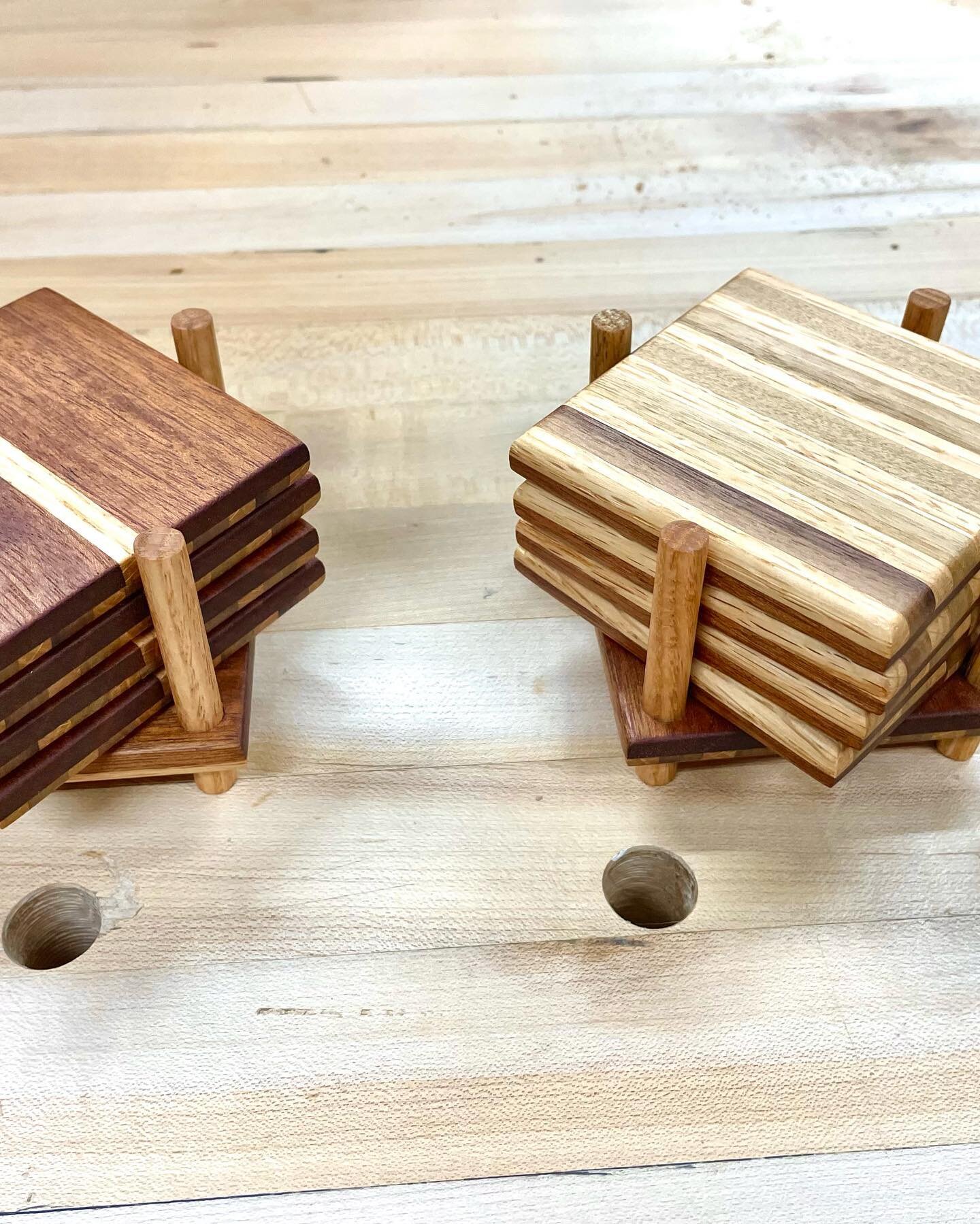 New coasters up @ilikeyou_mn !

I made a couple mistakes with the thickness and found a happy little fix. Gluing 2 pieces together gave a 2-sided walnut/red oak and mahogany/red oak coaster at 1/2&rdquo; thick.

The others are Paduk and red oak, whic
