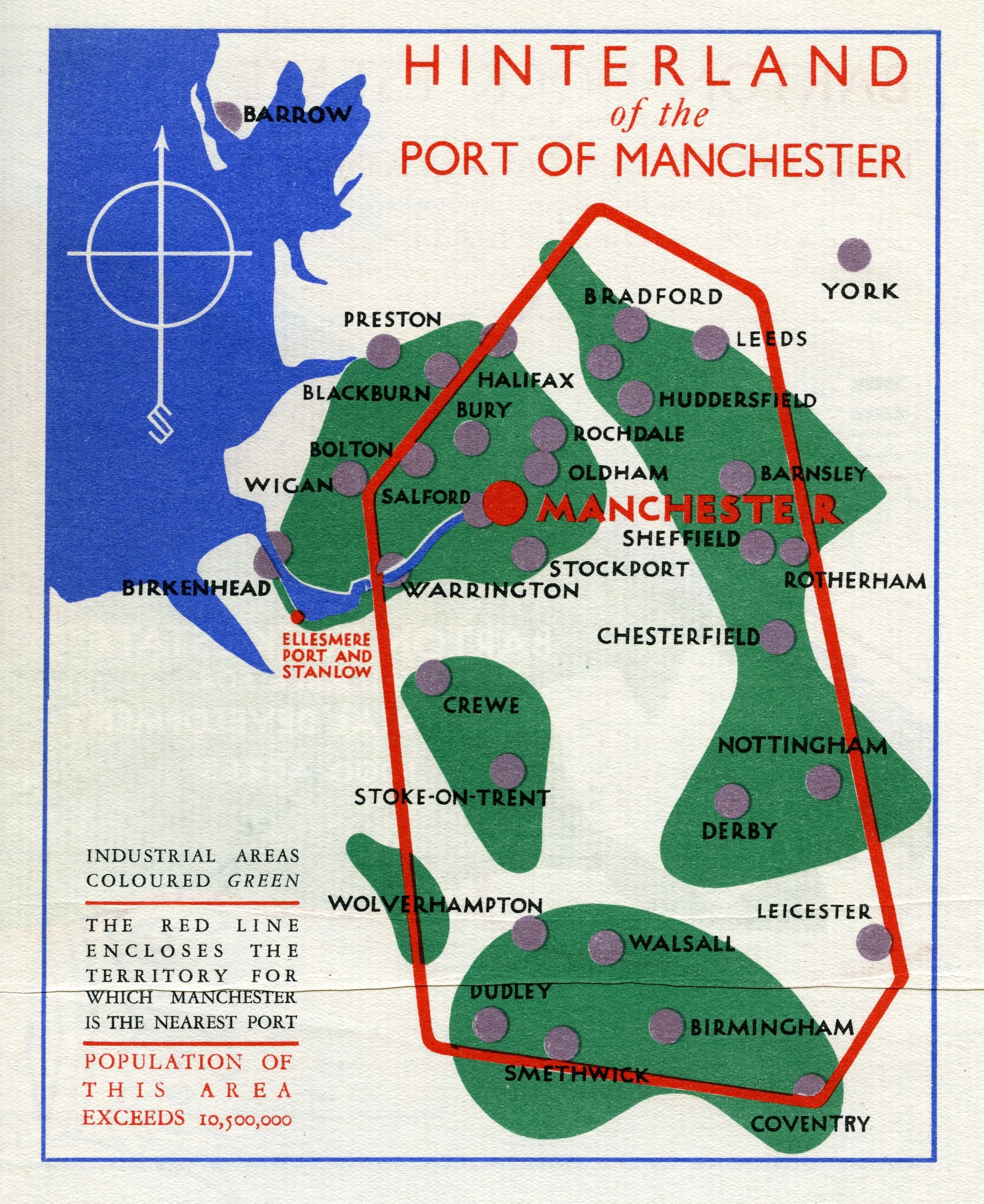 This 'Hinterland of the Port of Manchester' map was designed to sell the opportunity of the Manchester Ship Canal to UK Industry.