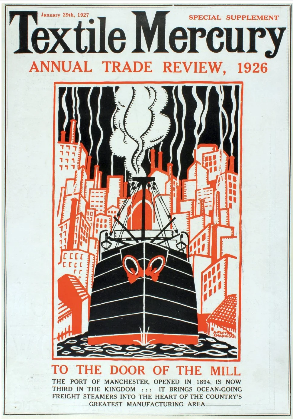 Illustration: 'To the Door of the Mill' by Albert Paxton Chadwick - a poster designer from Fallowfield who studied at Manchester School of Art. A leading modernist creative who produced this artwork for the Textile Mercury cover & Civic Week in 1926