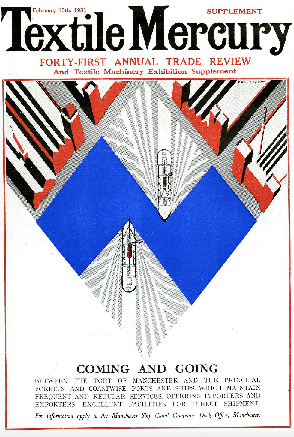 Illustration: Charles Bertie Wilson, born in Aberdeen and a student of Manchester School of Art, produced this front cover for the Manchester Guardian newspaper supplement, ‘City and Port of Manchester’, in 1927.