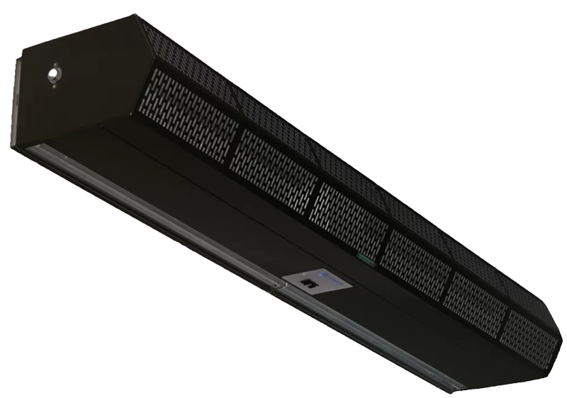 Black Berner air curtain with perforated grille and a small logo on the left side.