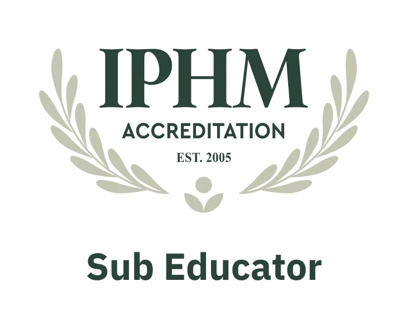 A certification badge with the text 'IPHM Accreditation,' established 2005, and the title 'Sub Educator' at the bottom, featuring a laurel wreath design.