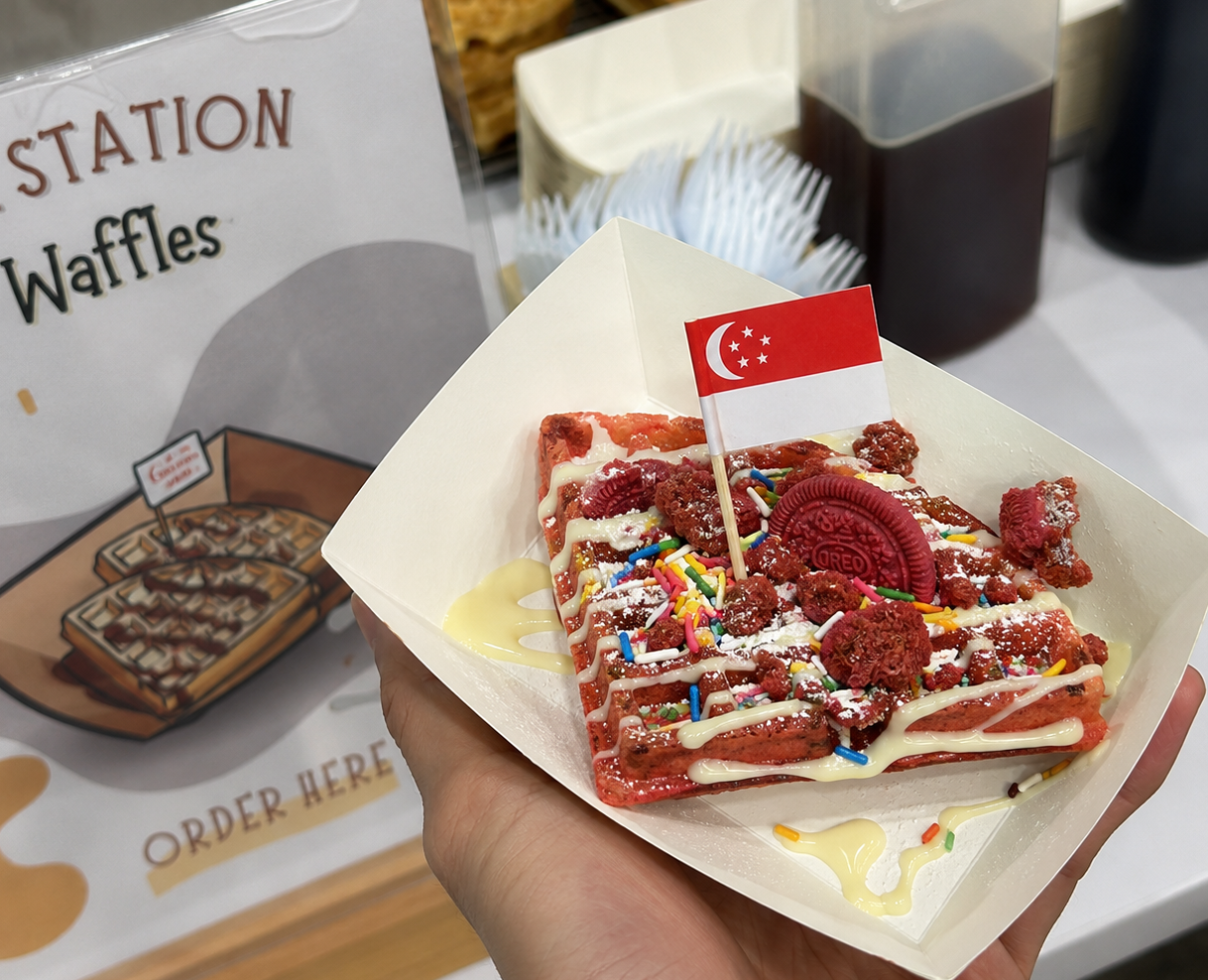 ndp waffles live station custom singapore themed National Day events catering freshly baked waffles red velvet white chocolate flag custom singapore chaz events