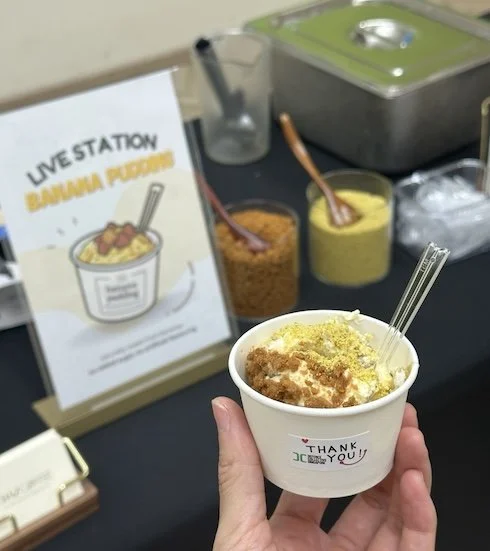 BYD banana pudding live station dessert table singapore catering live station chaz events coffee matcha banana trendy singapore events