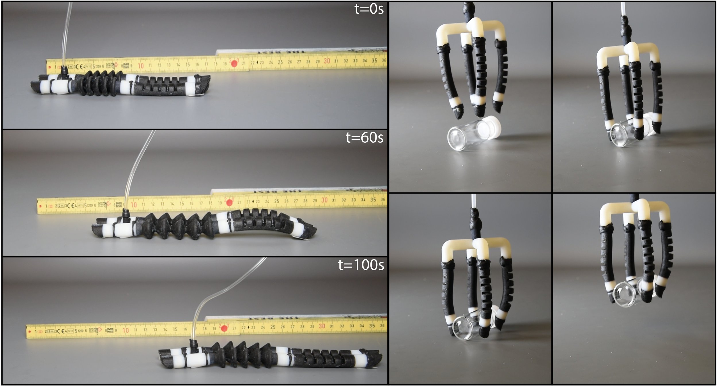 Soft robotic assemblies of a crawler (left) and a gripper (right)