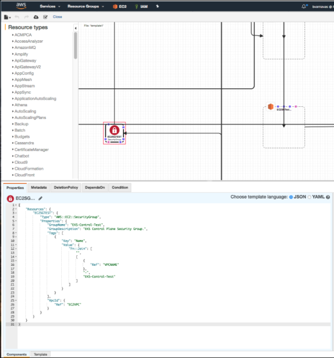 Closer view of one component in the template, which in this case is a security group that will be used during the deployment and operation of the EKS cluster for our Test environment. Note: the JSON code that defines this object in the bottom pane, …