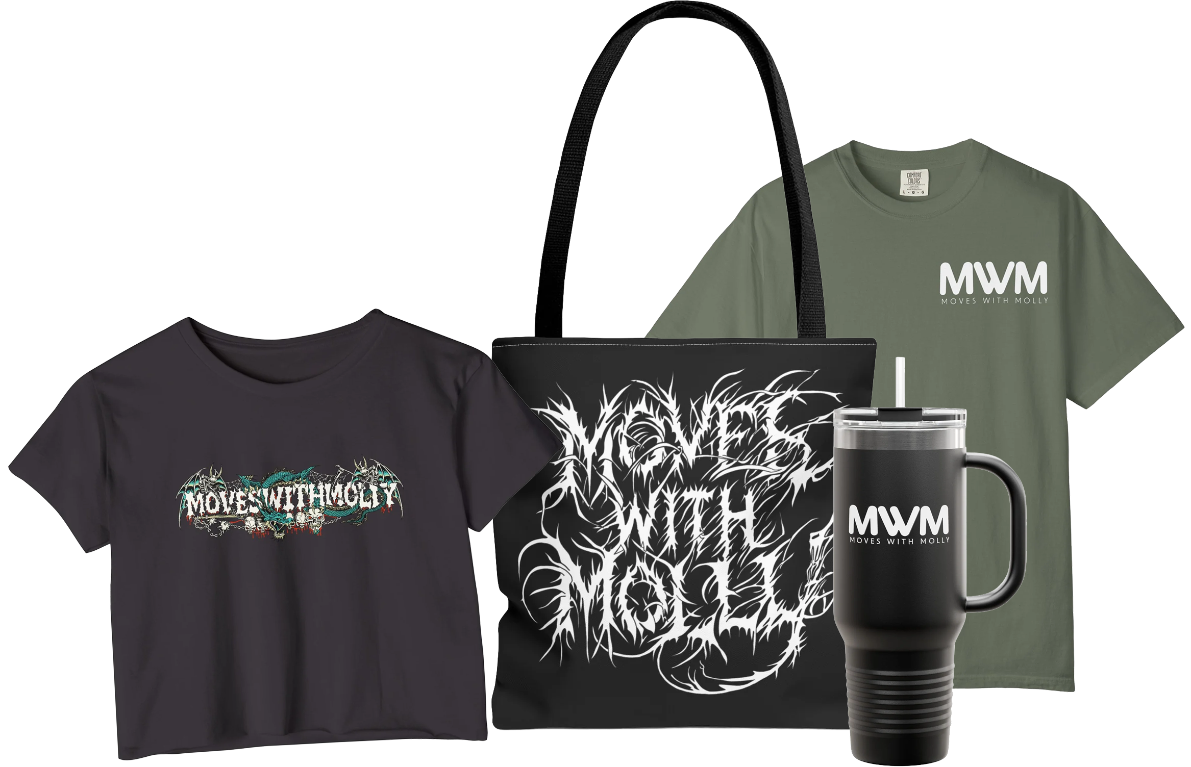 A collection of clothing and accessories including two graphic T-shirts, a tote bag, and a travel mug with the logo 'MWM' for Moves With Molly.