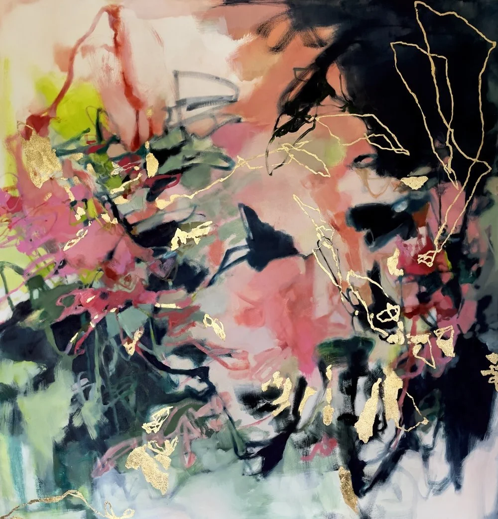 Custom abstract painting by Stephanie Ong, Tampa artist.  This artwork features dark ocean blues, bright pinks, indigo, lime, peach, and mint green with gold leaf.  The oil painting is 48" x 48" and is titled Sway, Softly.