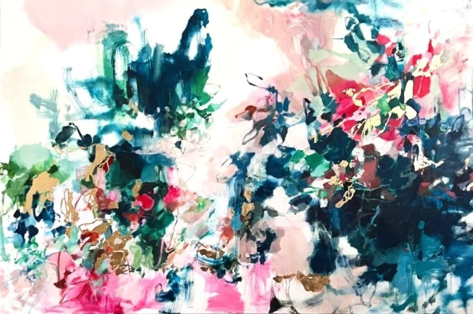 Custom abstract painting by Stephanie Ong, Florida artist.  This artwork features dark ocean blues, bright pinks, indigo, mint green, on a white background with gold leaf.  The oil painting is 48" x 72" and is titled Prism.