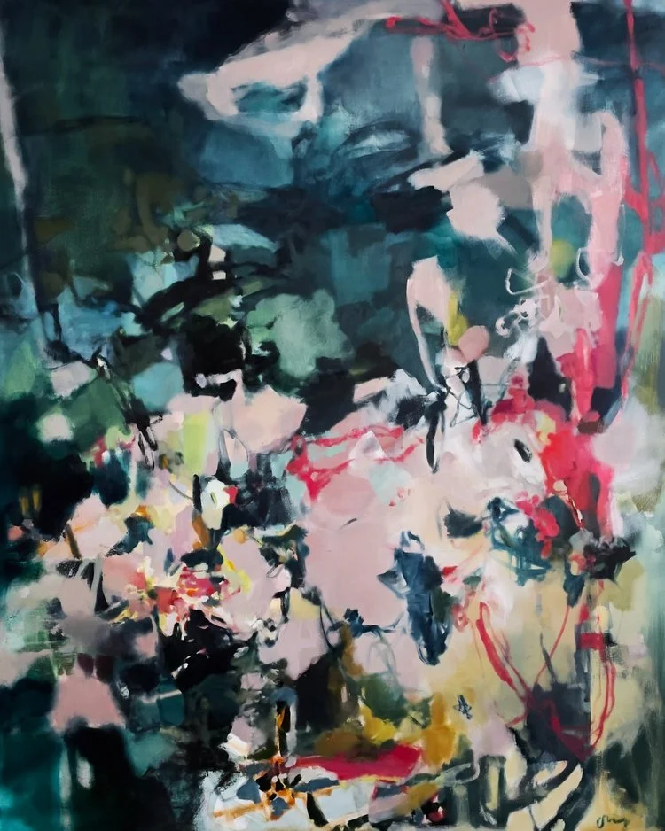 Custom abstract painting by Stephanie Ong, Tampa artist.  This artwork features dark ocean blues, bright pinks, indigo, ochre, and greens.  The oil painting is 48" x 72" and is titled Mermaid.