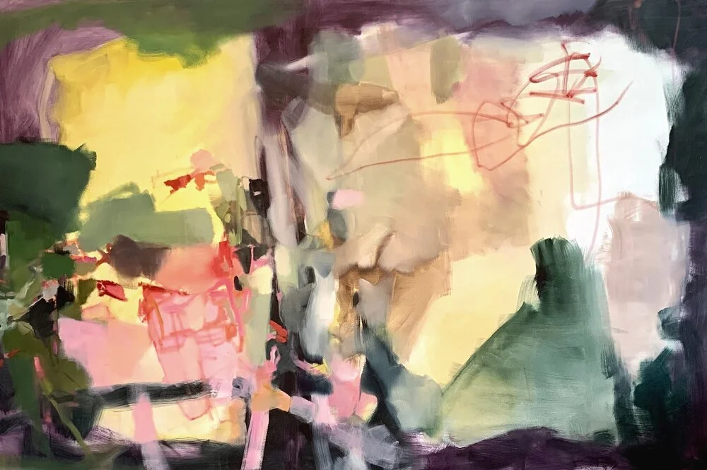 Custom abstract painting by Stephanie Ong, Tampa artist.  This artwork, entitled Nightswim,  features dark plums bright pinks, yellow, umber, and green.  The oil painting is 48" x 72"