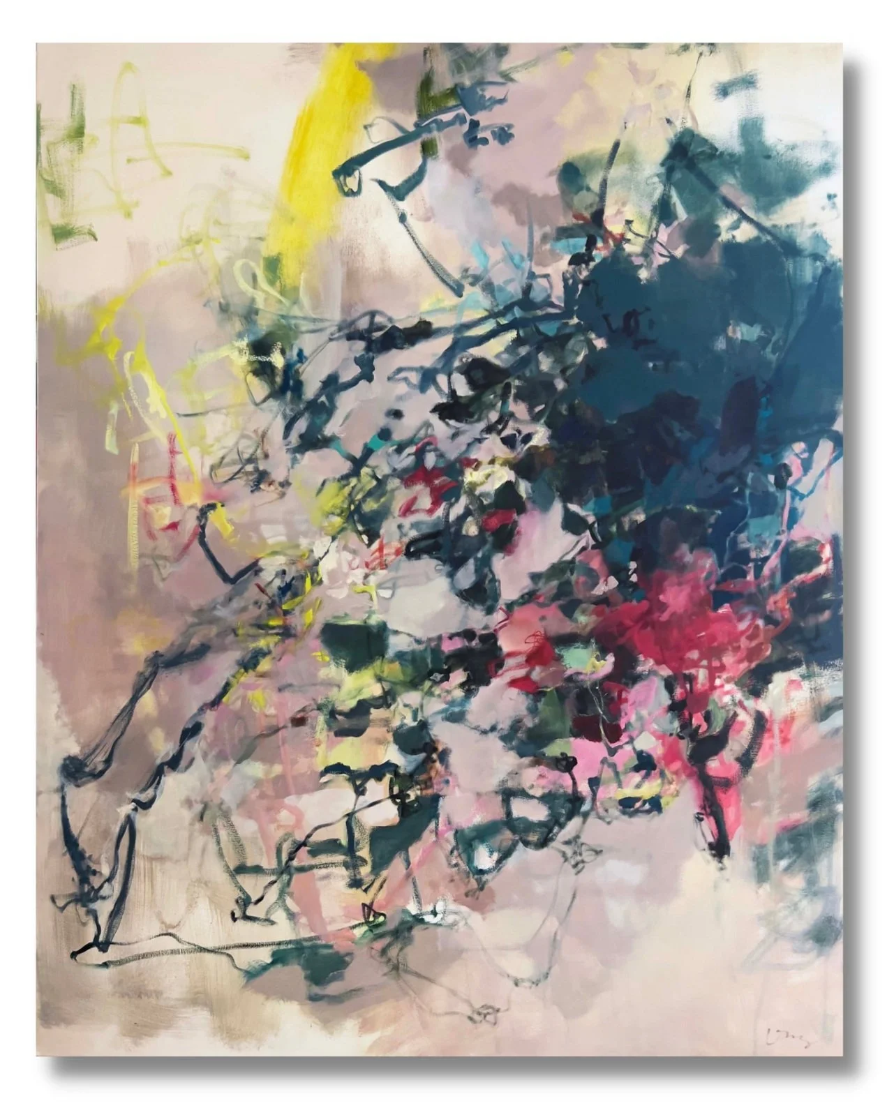 Abstract painting by Tampa FL artist Stephanie Ong titled Artifact.  Painting has a warm mauve background with blues, pink, emerald green, yellow, white and other colors.  The large custom oil painting is 48" x 60".