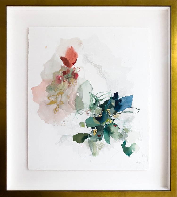 Abstract mixed media painting by Tampa artist Stephanie Ong.  The artwork is created on sumi ink marbled paper and features pink and green with gold leaf and small amounts of red and turquoise.