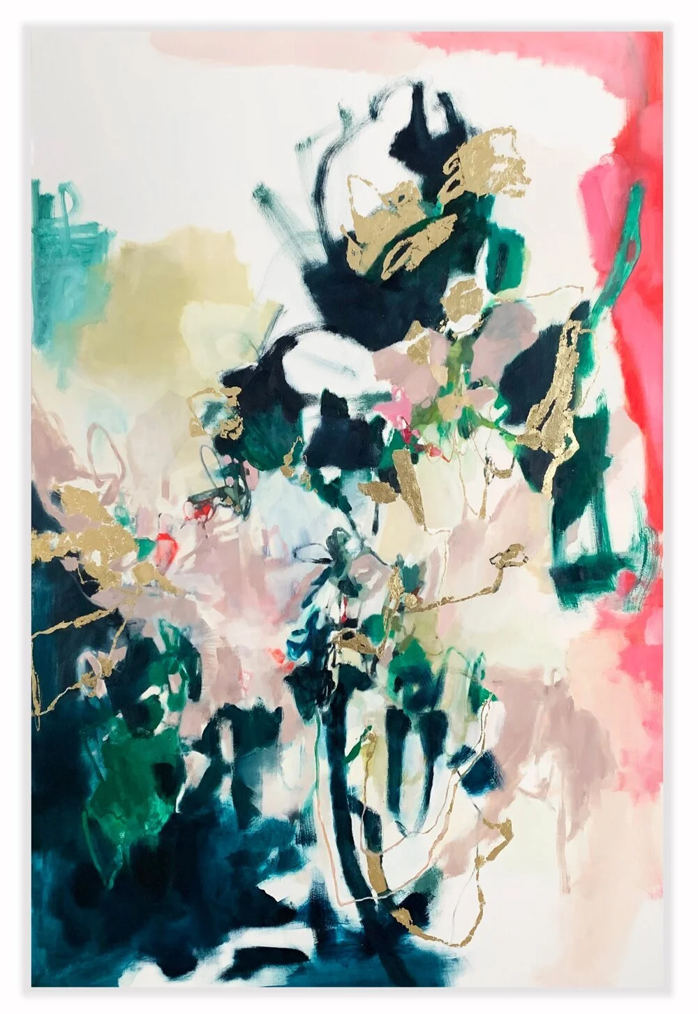 Custom abstract painting by Stephanie Ong, artist.  This artwork features bright pinks, greens, and blues, with gold leaf.  The oil painting is 48" x 72