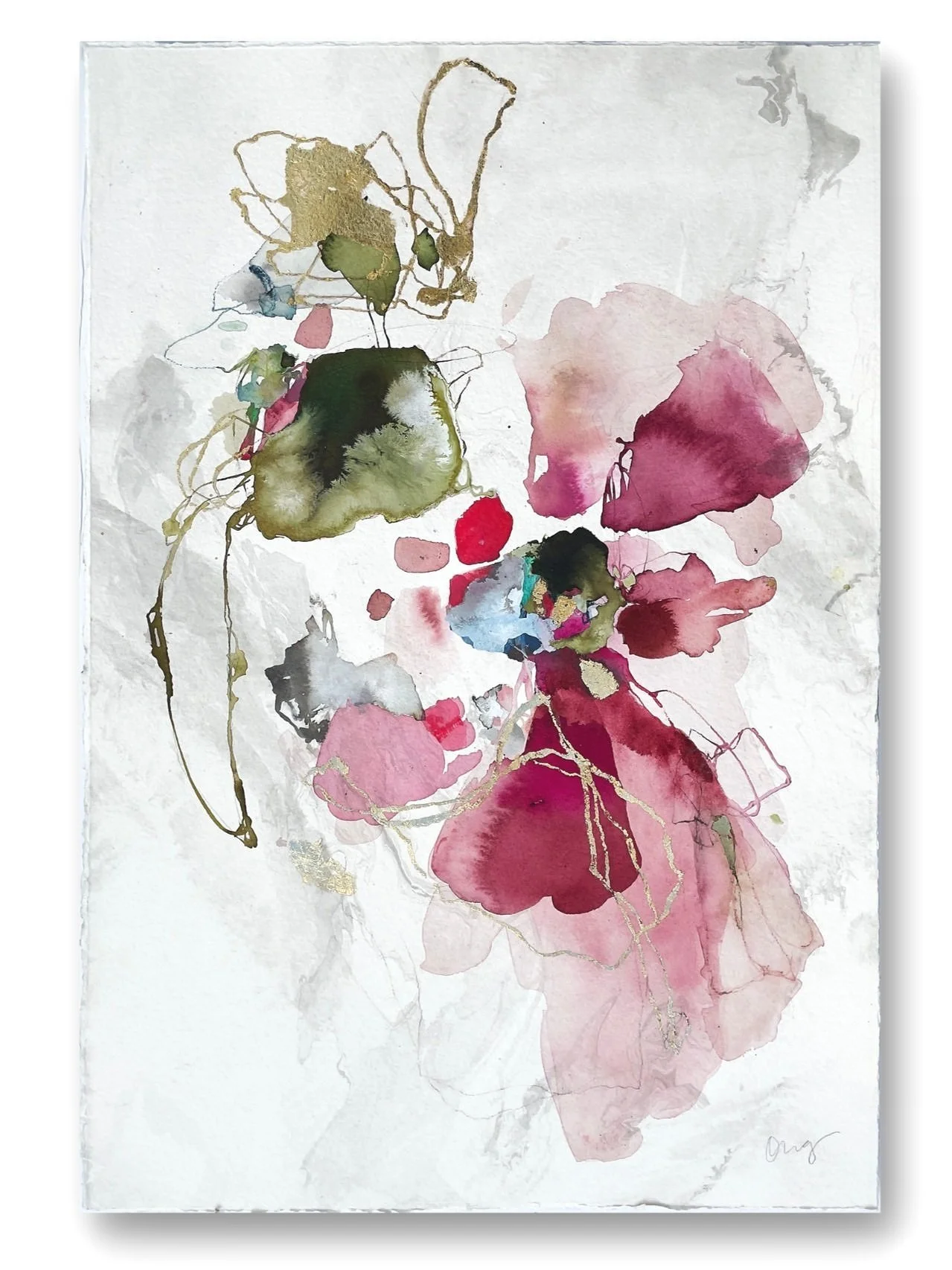 Abstract mixed media painting by Tampa artist Stephanie Ong.  The artwork is created on sumi ink marbled paper and features pink and green with gold leaf and small amounts of red and turquoise.