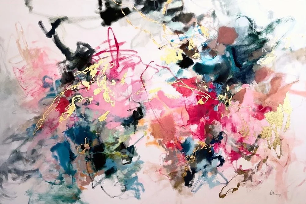 Custom abstract painting by Stephanie Ong, Florida artist.  This artwork features bright pinks, greens, and blues, with gold leaf.  The oil painting is 48" x 72"