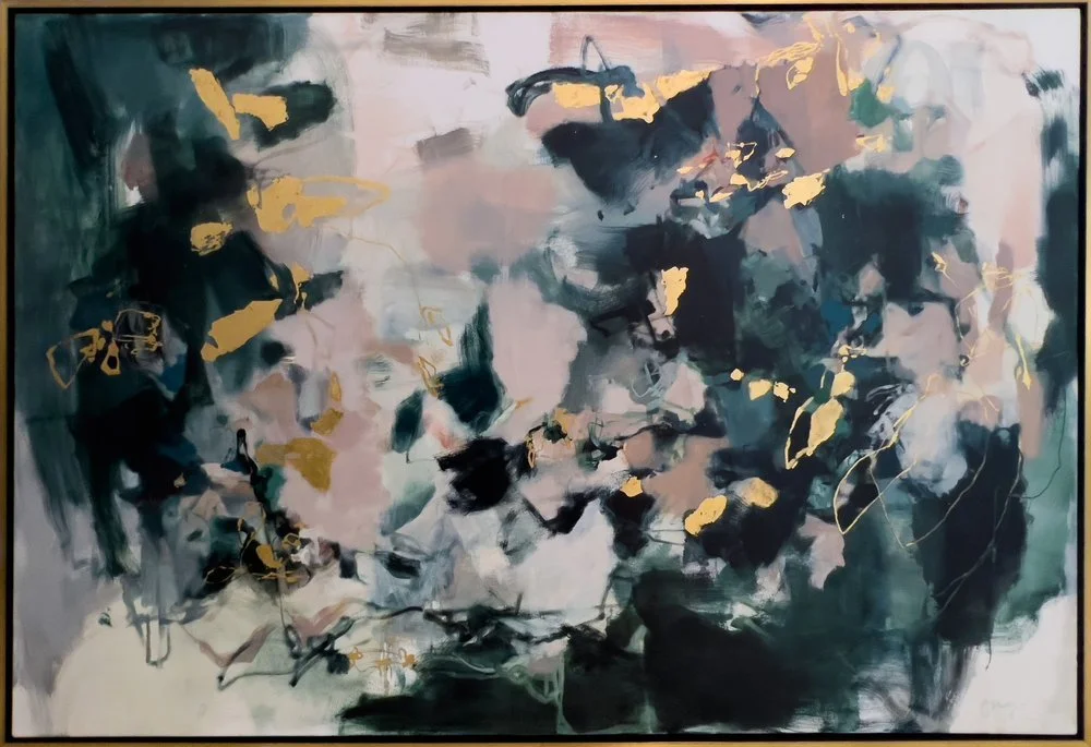 Custom abstract painting by Stephanie Ong, Tampa artist.  This artwork features neutral pinks, indigo blues, dark greens, with gold leaf.  The oil painting is 48" x 72"