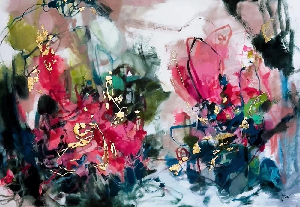 Custom abstract painting by Stephanie Ong, artist.  This artwork features bright pinks, greens, and blues, with gold leaf.  The oil painting is 40" x 60