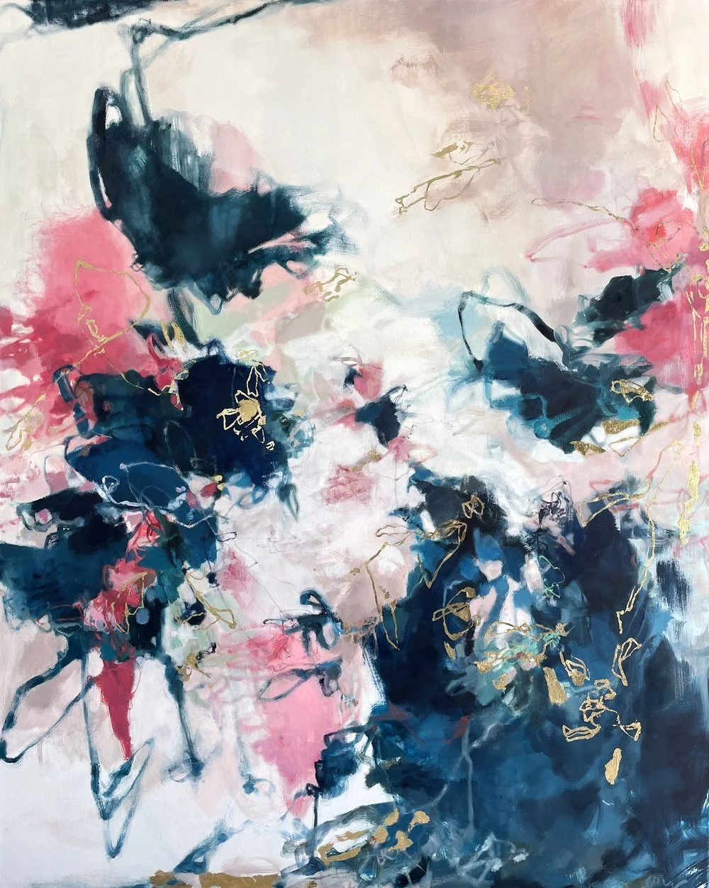Custom abstract painting by Stephanie Ong, Florida artist.  This artwork features dark ocean blues, bright pinks, indigo, mint green, on a white background with gold leaf.  The oil painting is 48" x 60" and is titled Unfurled.