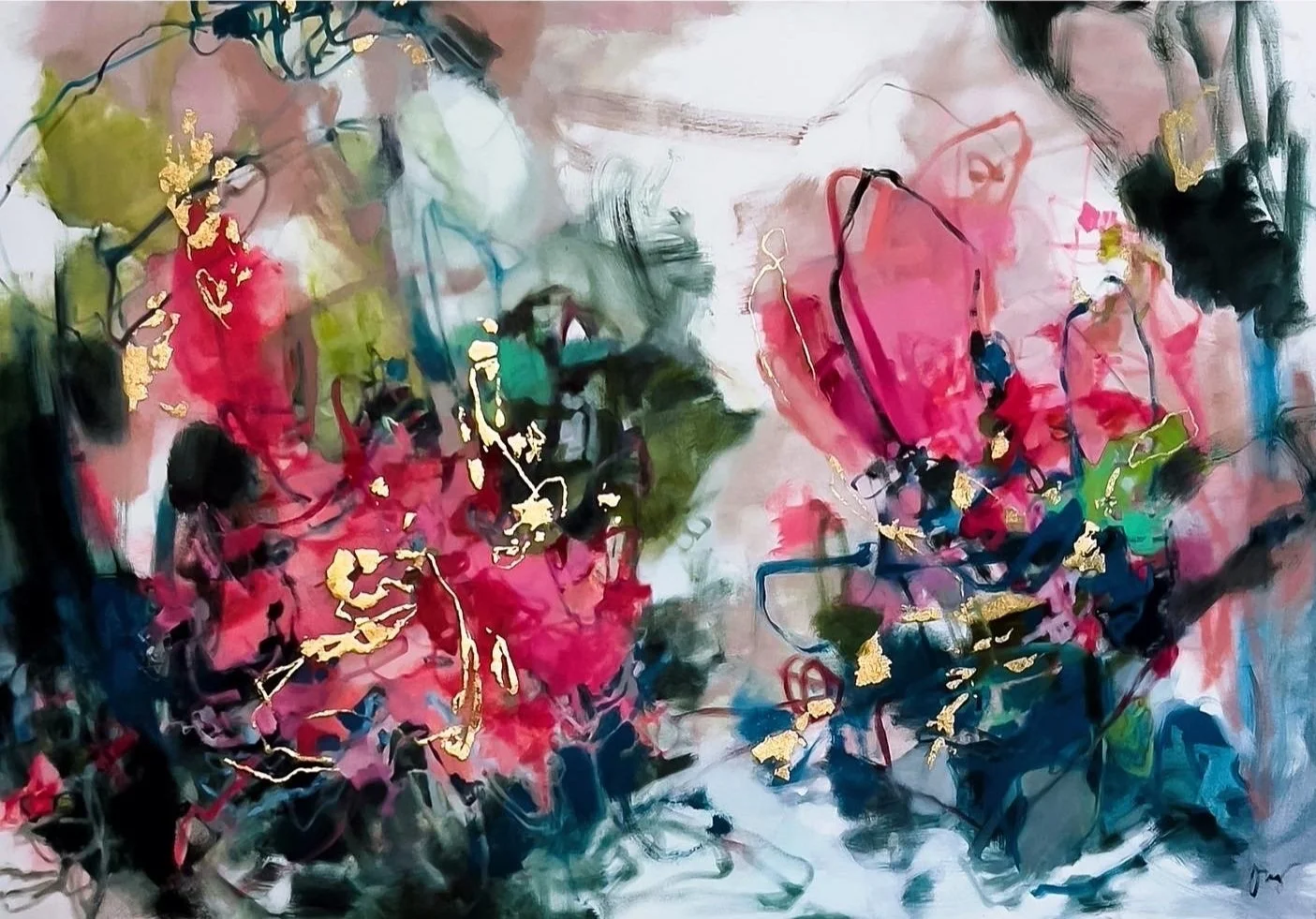 Custom painting by Stephanie Ong.  Abstract oil painting with gold leaf  40" x 60"