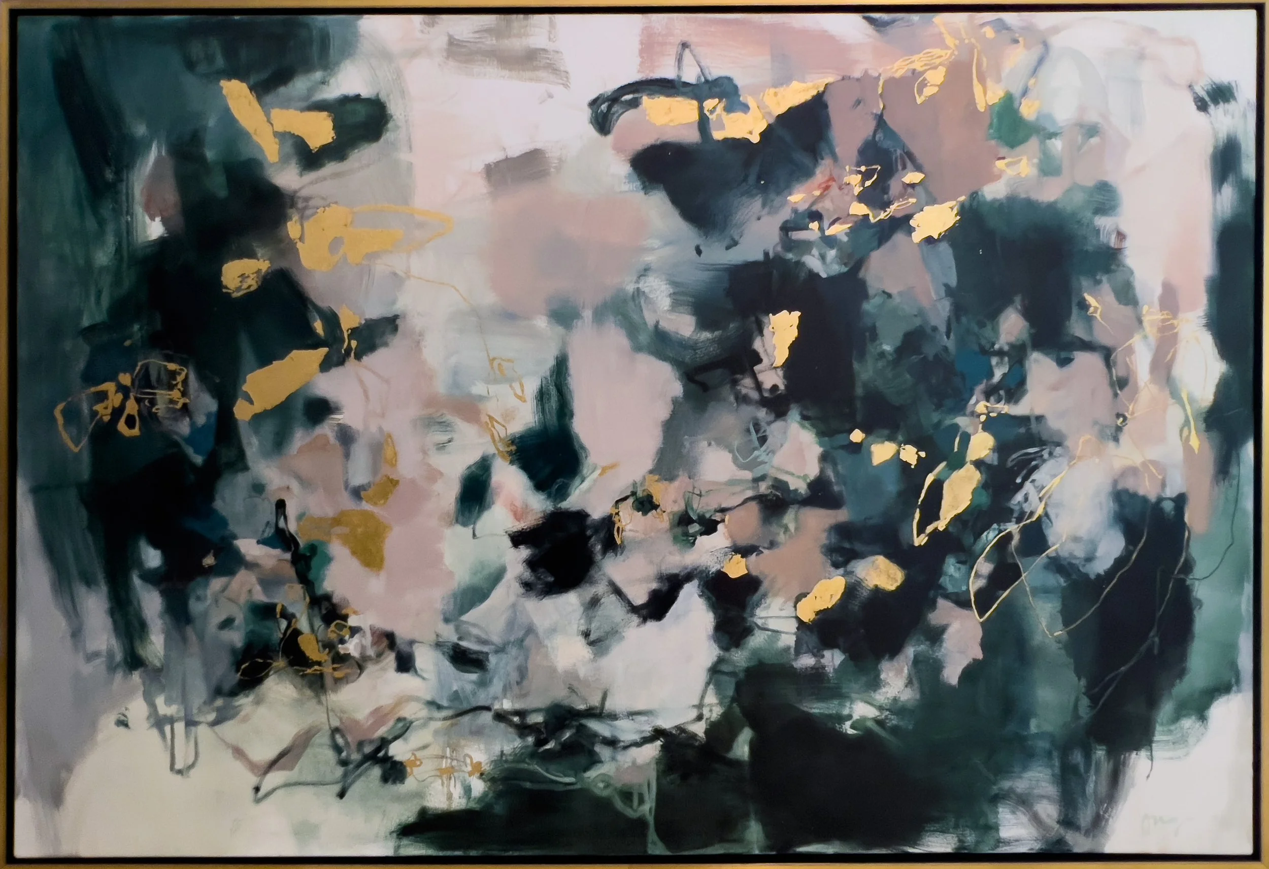 Custom painting by Stephanie Ong.  Abstract oil painting with gold leaf  48" x 72"