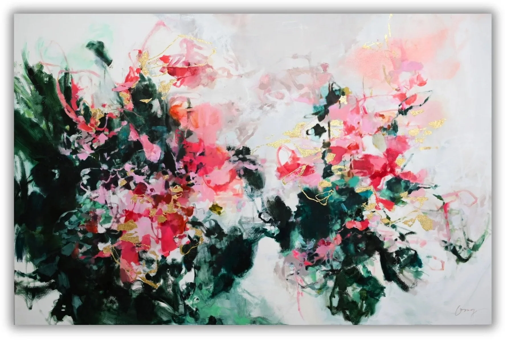 Abstract watercolor painting of pink and red flowers with green and black leaves, accented with gold flecks on a white background.