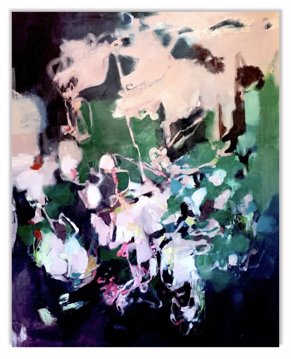 Abstract painting by Tampa FL artist Stephanie Ong titled In Other Words.  Painting has a dark plum background with warm gray, pink, emerald green, and other colors.  The custom oil painting is oil on canvas.