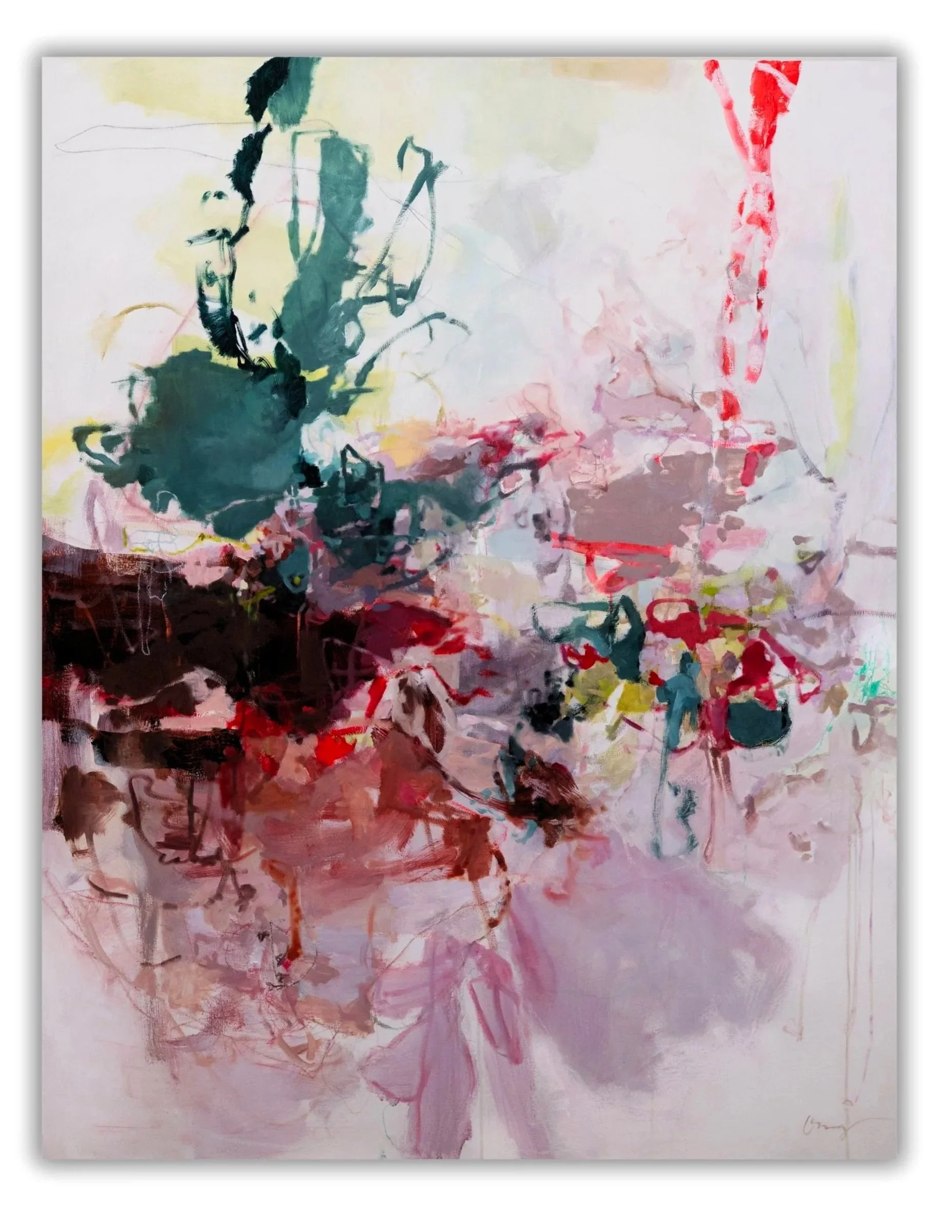 48" x 60" abstract oil painting with splashes of red, pink, rust, green, and yellow colors on a white background by Stephanie Ong